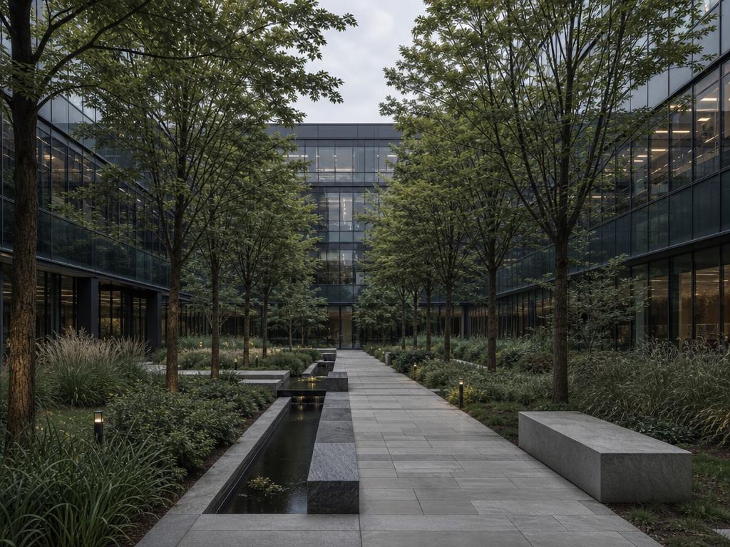 Interior courtyard with tree allees, ornamental grasses, and linear water features between glass office wings