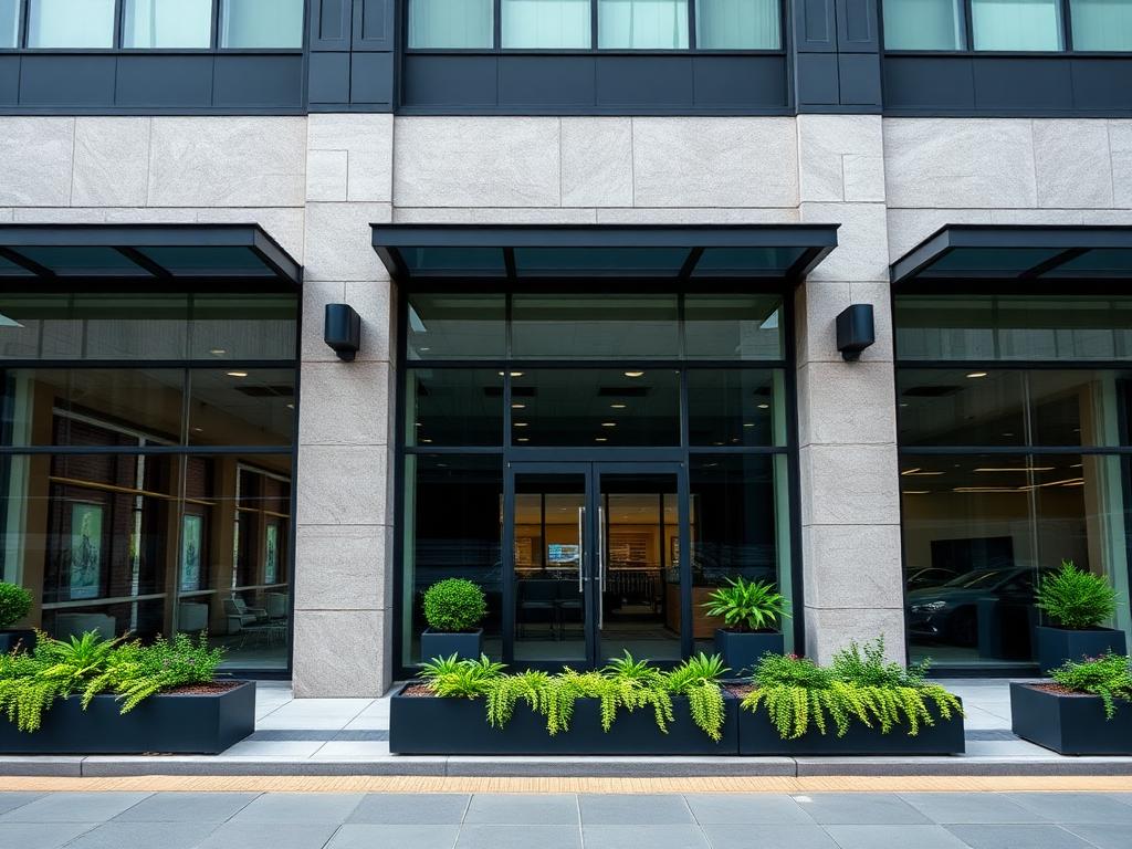 Commercial office facade with manicured planters and pristine surfaces