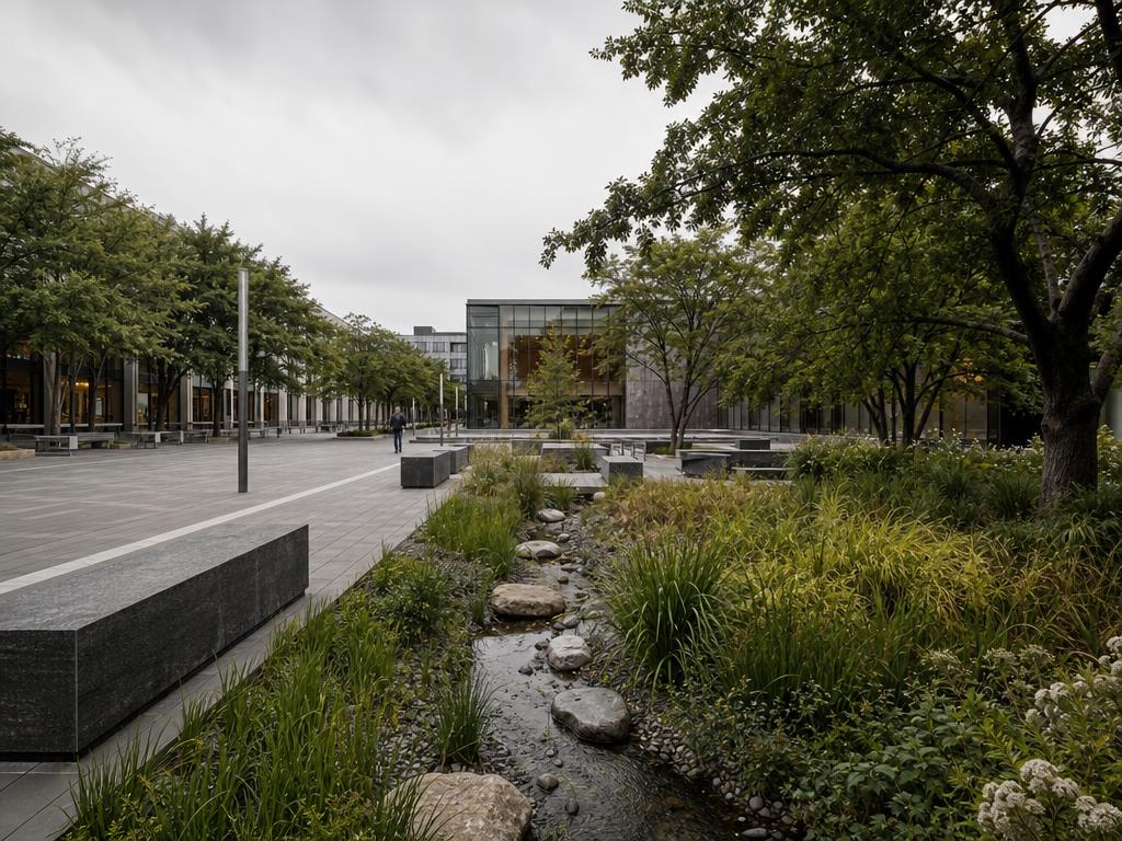 Civic plaza with an integrated rain garden, native grasses, stone benches, and pedestrian corridor